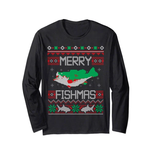 BCC Santa's Christmas Shirts & Jolly Gifts Merry Fishmas Fishing Dad Fish Angler Ugly Christmas Sweater Long Sleeve T-Shirt