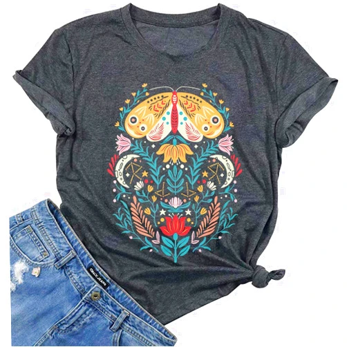 TAOHONG Women Vintage Boho Shirt Moon Moth Flower Tops Butterfly Floral Graphic Tees Casual Short Sleeve Summer Holiday T Shirts