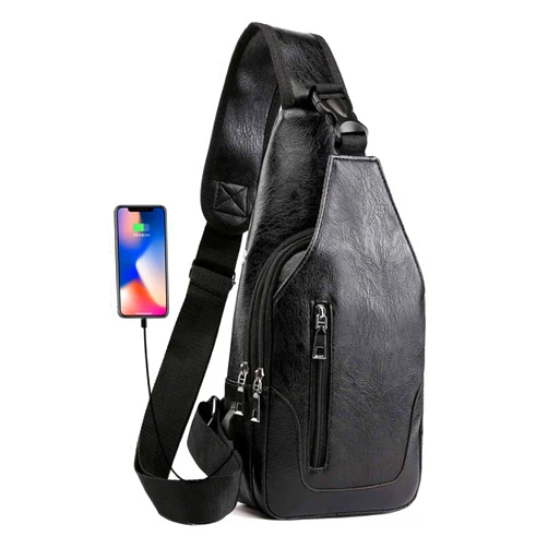 Seoky Rop Men Sling Bag Anti Theft Shoulder Bag Small Leather Crossbody Sling Backpack with USB Charge Port Black