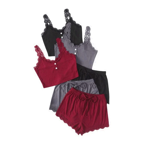 SOLY HUX Women's 3 Sets Pajama Set Lounge Sets Lace Button Camisole Crop Tank Tops and Shorts PJs Sleepwear