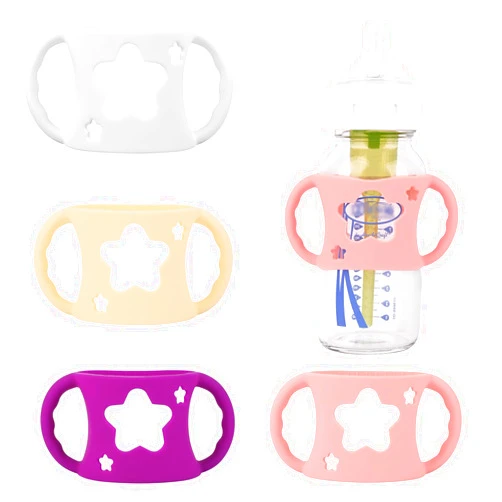 HUAKENER 4 Pack Baby Bottle Handles, Silicone Bottle Handles for Dr Brown Wide-Neck Baby Bottles (White+Pink+Purple+Yellow)