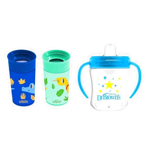 Dr. Brown's Milestones Cheers 360 Cup Spoutless Transition Cup, Travel Friendly & Leak-Free Sippy Cup,10 oz/300 mL, 2 Pack & Transition Sippy Cup with Soft Spout - Blue - 6oz