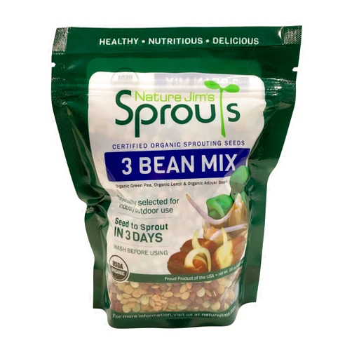 Nature Jims Sprouts 3 Bean Seed Mix - Certified Organic Green Pea, Lentil, Adzuki Bean Seeds for Planting - Non-GMO Vegetable Seeds - Resealable Bag for Freshness - Fast Sprouting Bean Seeds - 16 Oz