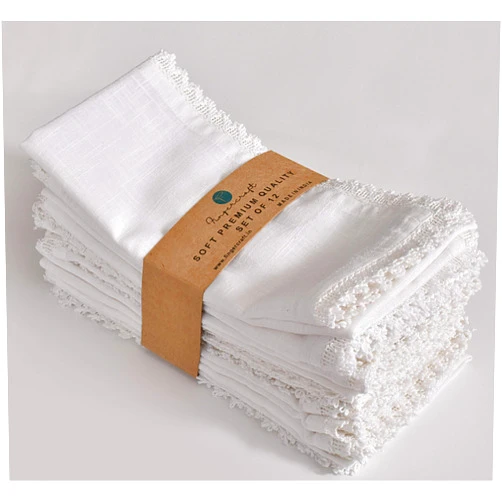 Fingercraft Dinner Cloth Napkin Cotton Linen 12 Pack Vintage Rustic Premium Quality Mitered Corners Napkin Cloth with Elegant Lace for Everyday Use, Pre Shrunk and Good Absorbency 20x20 in White