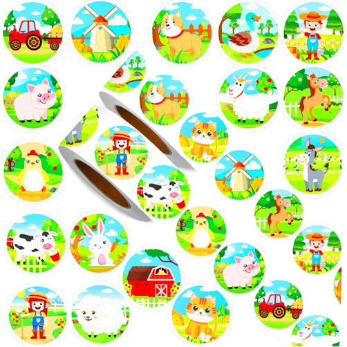 Gersoniel 1000 Pieces Farm Theme Stickers Animals Sticker Round Cute Envelopes Stickers 16 Patterns Teacher Reward Encouraging Stickers Adhesive Farm Animal Stickers for Kids Toddler Party Favors Classroom