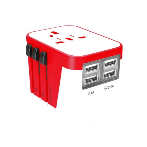 Ezitown Universal Travel High Power Adapter with 4 USB 2 port x 2.4A 2 port x 2.1A Fast charge with overcharge protection Electrical Multi Adaptor Plug for UK US EU AU CN JP FR (Red)