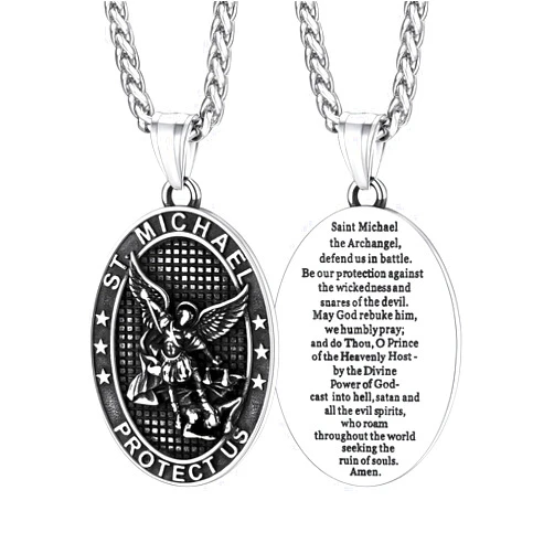 FaithHeart Saint Michael Necklace, Stainless Steel/18K Gold Plated St Michael the Archangel Pendant Amulet for Men Women with Gift Packaging