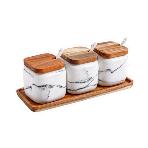 MIATTCLD Ceramic Salt and Sugar Container Set with Wooden Tray, 3pcs Porcelain Seasoning Jars with Lids and Spoons, Condiment Pot Pepper Spice Storage Canister for Home Kitchen Counter