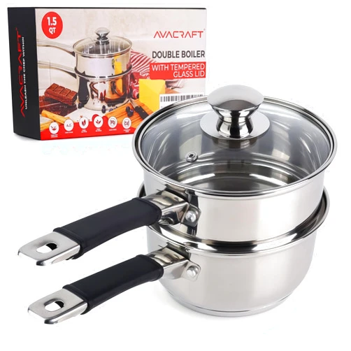 AVACRAFT 18/8 Stainless Steel Double Boiler, 1.5 Quart - Quality Clad Melting Pot for Butter, Chocolate, Cheese, Wax, Sauces - Even Heat, Tempered Glass Lid, Long Handle, Bottom has 5 Layers