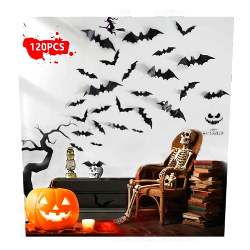 Vitery 120pcs Halloween Bats Decorations Outdoor Indoor, Halloween Party Supplies, 3D Bat Stickers for Wall Window Home Kitchen Scary Decor (4 Sizes, Black)