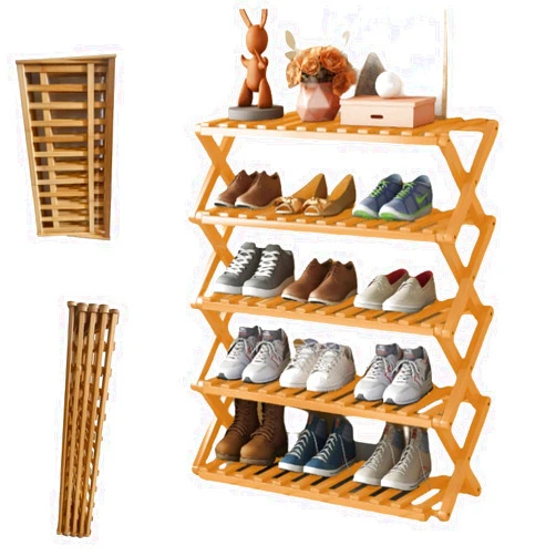 G FANROLAG 5 Tier Folding Shoe Rack, Wood Colour, Large, ZXJ-185-7