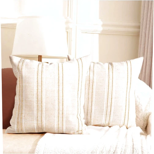 AELS 18x18 Decorative Farmhouse Linen Throw Pillow Covers, Boho Textured Pillow Case, Set of 2, Beige with White & Brown Stitch Yarn Dyed Stripe Cushion Cover for Sofa Couch Living Room (Cover ONLY)