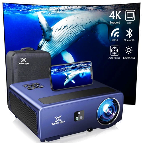 XNoogo [Auto Focus/4K Support] Projector with WiFi 6 and Bluetooth 5.2, XNoogo 1300ANSI Native 1080P Outdoor Projector, Auto 6D Keystone,50% Zoom,ARC, Home Theater Movie Projector for Phone/TV Stick/PC