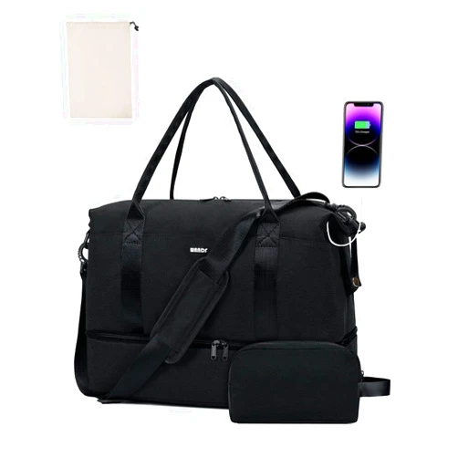 WANDF Travel Duffle Bag with Wet Pocket & Shoes Compartment, 18x14x8 Personal Item Travel Bag with USB Charging Port & Toiletry Bag for Gym, Weekend, Overnight, Hospital(Black)