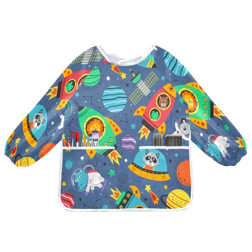 Kcldeci Kids Art Smocks Apron for Children Space Animals Rockets Waterproof Artist Smock with Long Sleeve and 2 Pockets S