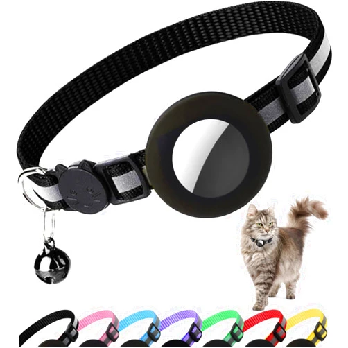 Dgerp Airtag Cat Collar Breakaway, Reflective Kitten Collar with Apple Air Tag Holder and Bell for Girl Boy Cats, 0.4 Inches in Width and Lightweight(Black)