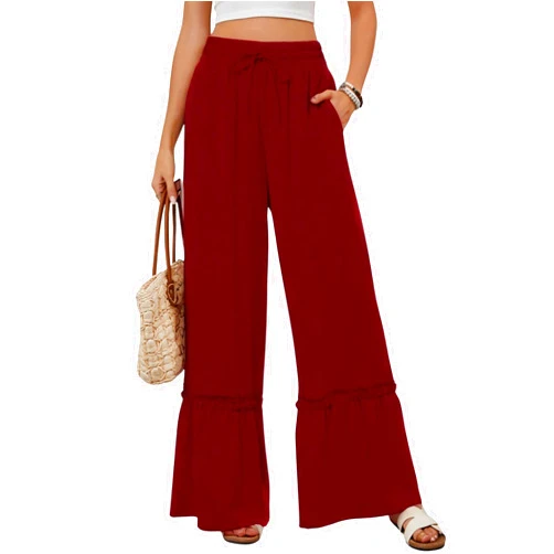 LIZALIG Womens Elastic High Waist Wide Leg Ruffle Loose Beach Palazzo Pants