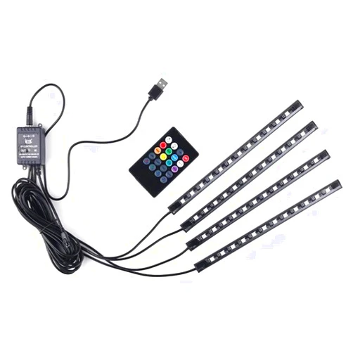 Leiboow Car LED Strip Lights, 4Pcs 48 LED Interior Lights, Multicolor Music Car Strip Light Under Dash Lighting Kit with Sound Active Function and Remote Controller, DC 12V
