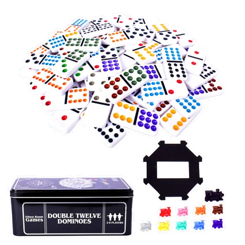 Sunny Days Entertainment Elbow Room Games Double Twelve Dominoes Set with 91 Dominoes, 10 Trains, Starter Piece, Storage Tin – Perfect for Mexican Train, Block, and Draw – for 2-8 Players