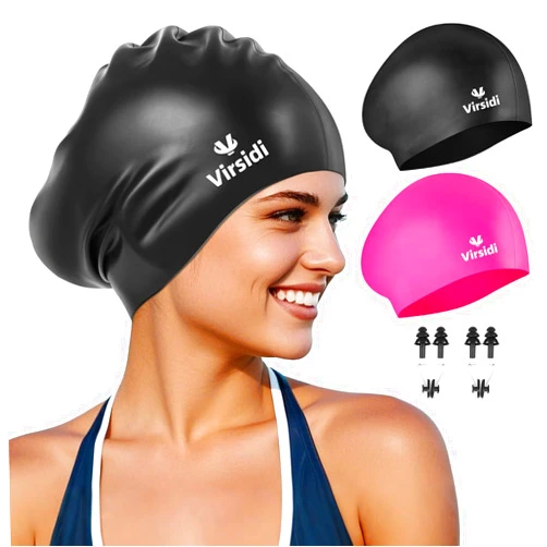 VIRSIDI 2 Pack Swim Cap for Women Men Adult, Silicone Swimming Caps for Short Long Hair, Waterproof Swim Hats Bathing Caps to Keep Hair Dry with Nose Clip and Earplugs