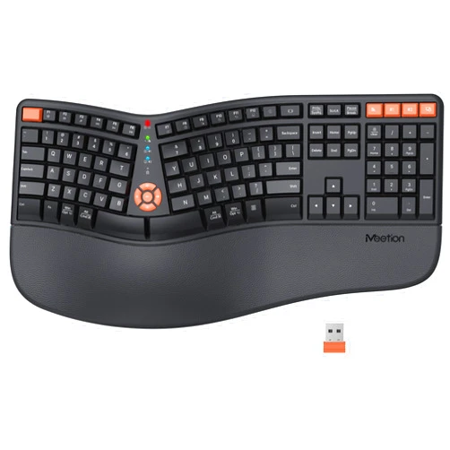 MEETION Ergonomic Keyboard, Wireless Split Ergo Keyboard with Cushioned Wrist Rest, Full Size, USB-C Rechargeable, USB & Bluetooth Keyboard for Multi-OS Windows/Mac, Computer/Laptop/Tablet/, Black