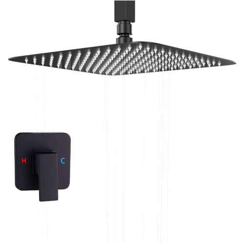 GGStudy Black Ceiling Shower System Shower Faucet GGStudy Bathroom Luxury Rain Mixer Shower Combo Set Rainfall Shower Head System 10 Inch Matte Black with Valve and Trim