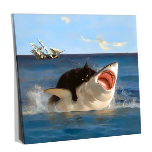 Yaneiro Framed Black Cat Wall Art, Funny Quirky Cat and Shark Pictures Canvas Print, Abstract Black Cat Shark Posters Wall Decor for Room Bedroom Living Room Bathroom 20x20 inch