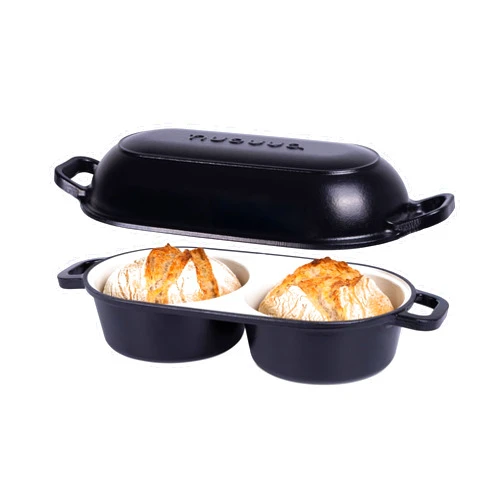 Nuovva Dutch Oven for Sourdough Bread Baking – Enamelled Cast Iron Bread Loaf Pot – 500°F Oven Safe Non Stick Bread Pot – Double Round Loaf Space, 16.5cm Diameter, Black, – by Nuovva