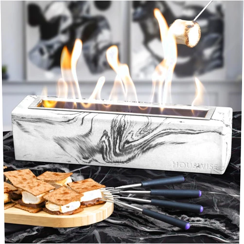 Houswise Tabletop Fire Pit - Concrete Outdoor & Indoor Fire Pit Tabletop, Smores Maker Kit, Table Top Firepit, Small Portable Mini Indoor Fireplace