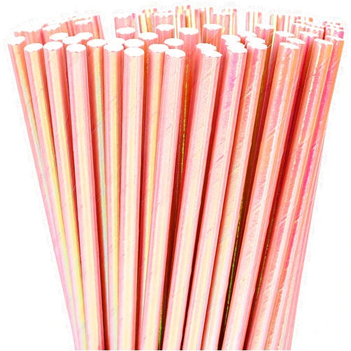 Whaline 200Pcs Iridescent Pink Paper Straws Holographic Disposable Straws Clinquant Crafted Drinking Straws for Juices Shakes Decoration Mermaid Party Event Supplies