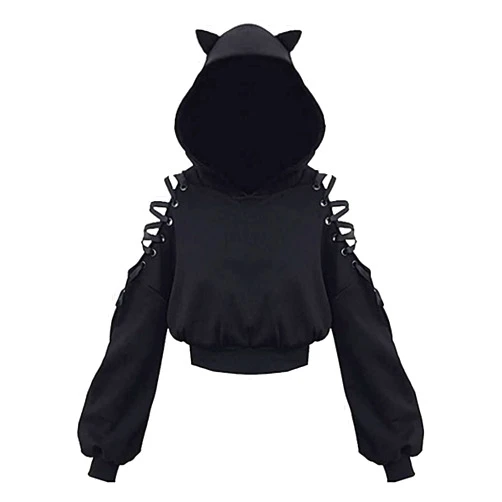 PMIYS Women's Halloween Hoodies Cute Ear Cat Long Sleeve Crop Sweatshirt Teen Girls Halloween Sweatshirts