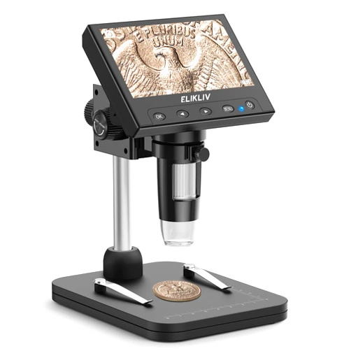 Elikliv Coin Microscope, 4.3'' LCD Digital Microscope 1000x, Coin Magnifier with 8 Adjustable LED Lights, PC View Compatible with Windows/Mac, EDM4B, Black