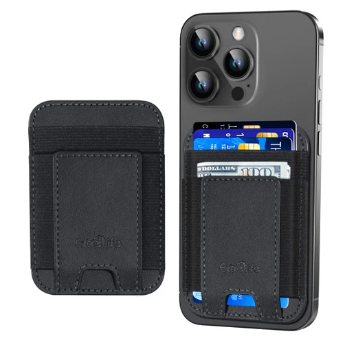 ExtreLife Phone Card Holder, Leather Phone Wallet Stick On, Strongest Adhesive Card Holder for Back of Phone, Credit Card Holder for Phone Case iPhone, Samsung, Android , RFID Blocking, Fit 7 Cards, Black