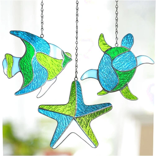 LEGIFO Sea Stained Glass Window Hanging, Marine Life Set with Fish Starfish Turtles, Stained Glass Decor for Window Wall, Handmade Birthday Gift for Grandma Mom Friends