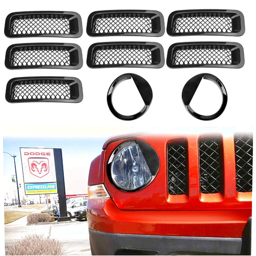 AVOMAR Front Grille Grill Mesh Grille Insert Kit + Angry Bird Style Headlight Lamp Cover Trim Compatible For Jeep Patriot 2011-2016 (Black Front Grill Mesh Insert + Angry Bird Headlight Cover-4)