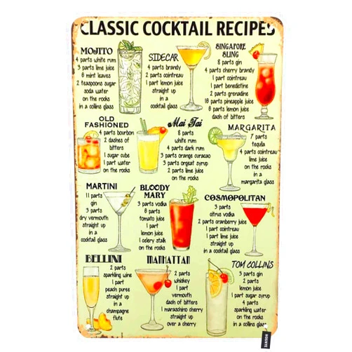 HOSNYE Classic Cocktail Recipes Tin Sign Kinds of Beer Wine Drink List Poster Vintage Metal Tin Signs for Men Women Wall Art Decor for Home Bars Clubs Cafes 8x12 Inch