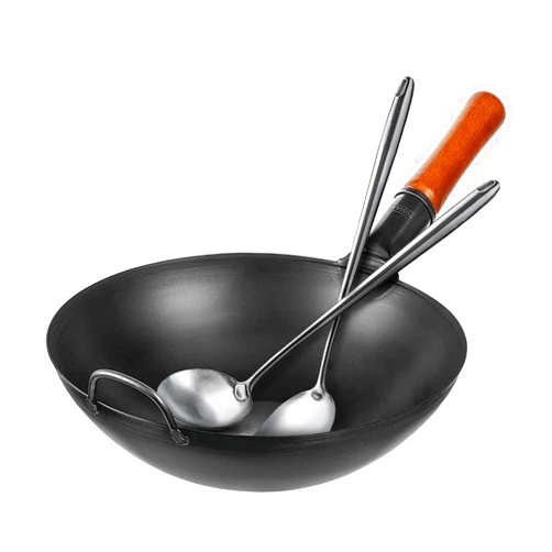 YOSUKATA Carbon Steel Wok Pan – 13,5 “ Woks and Stir Fry Pans 17’’ Wok Spatula and Ladle