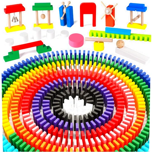 Lewo 1000 PCS Dominoes Set for Kids Wooden Building Blocks Bulk Dominoes Racing Tile Games with Extra 11 Add-on Blocks and Storage Bag