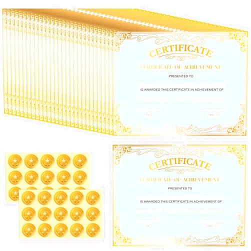 Prudiut 30 Pcs Certificate Paper with 30 Pcs Gold Seal Stickers, 8.5 x 11 Inch Printable Award Certificate Paper for Graduation, Achievement, Appreciation, Recognition