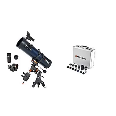 Celestron - AstroMaster 130EQ Newtonian Telescope & 1.25” Eyepiece and Filter Accessory Kit – 14 Piece Telescope Accessory Set – Plossl Telescope Eyepiece – Barlow Lens 130EQ Newtonian Telescope + Accessory Kit
