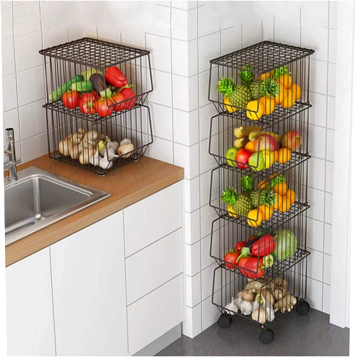 CarolynDesign 5-Tier Wire Basket Cart on Wheels for Kitchen, Stackable Wire Basket Shelf Floor Standing Metal Storage Bins for Kitchen Living Room Bedroom and Bathroom