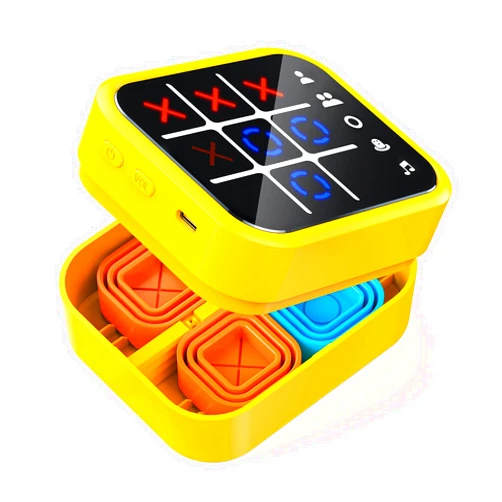Focfundier Rechargeable Tic Tac Toe Game Box, Upgraded 5 Fun Brain and Memory Games, Compact Handheld Puzzle Game Console, Portable Travel Game Ideal Gifts for All Ages 3+ (Yellow)