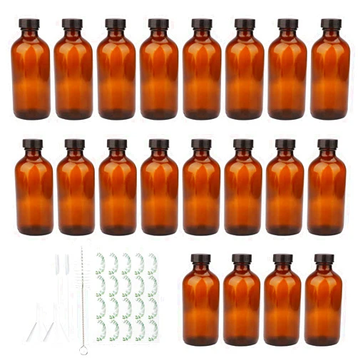 Maredash 8oz Amber Glass Bottles, 20 Pack Glass Storage Bottles with Black Lids (Brown, 20 Labels, with Funnels, Droppers and Brush)