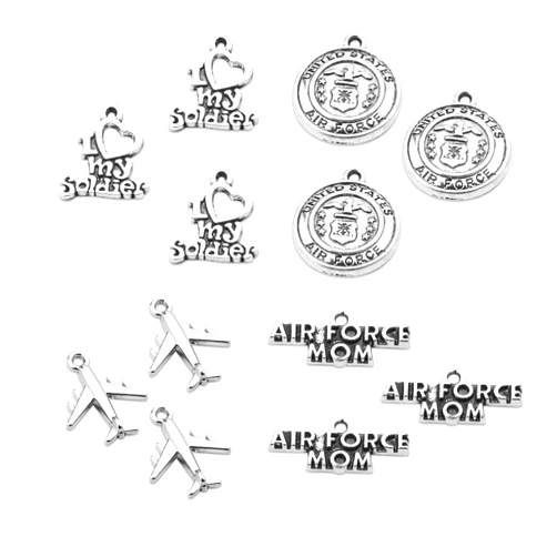 DOGNNAK BOSATE 12pcs Air Force Mom Charms Collection US Military Charms Pendant Air Force Mom/Logo/I love my soldier/Airplane Charms for Jewelry DIY Making (Air Force Mom Charms1)