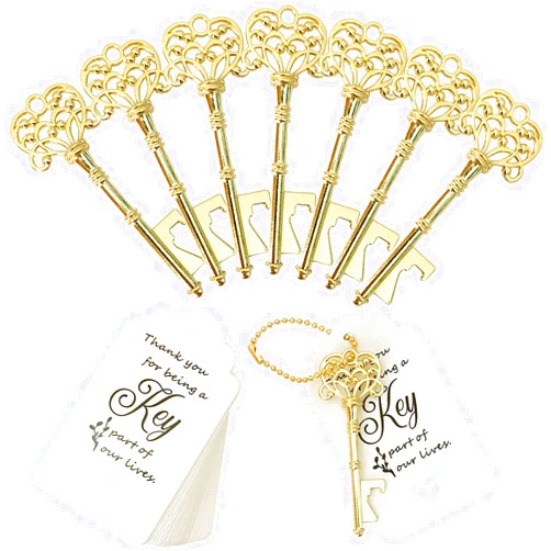 WODEGIFT 100 PCS Key Bottle Openers,Vintage Skeleton Key Bottle Opener,Wedding Favors Bottle Opener with Tag Cards and Key Chains(Gold)