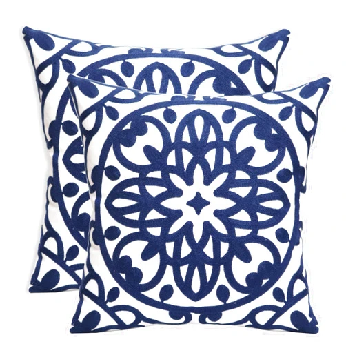 Pilmandu Set of 2 Embroidered Decorative Throw Pillow Covers Boho Pillowcase Cotton Canvas Patio Pillow for Sofa Couch Living Room 18x18 Inch (18x18 Inch, Navy Blue)
