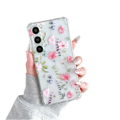 DEFBSC Soft Case Compatible with Samsung Galaxy S24, Clear Floral Flower Pattern Print Design Flexible TPU Shockproof Cover for Women Girls, Flower Protective Phone Case, Pink Cosmos