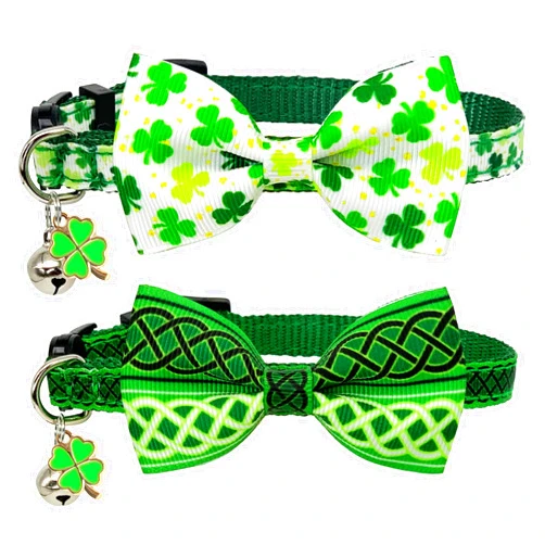Casidoxi 2 Pcs St. Patricks Day Cat Collar Breakaway with Bow Tie & Bells, Shamrock Irish St Patricks Cat Bowtie Collars for Kitten Cats(Celtic Knots)