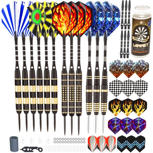 LANNEY Darts Metal Tip Set, Steel Tip Darts Set 20 Grams 24 Grams and 26 Grams Professional Darts for Dartboard with Aluminum Shafts, Brass Barrels, Extra Flights, Sharpener Tool Kit, Carrying Case
