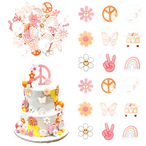 ZHUOWEISM 63 PCS Edible Hippie Party Cupcake Toppers Peace Sign Hand Butterfly Two Groovy Cupcake Picks Dasiy Bus 60s Retro Boho Cake Decorations for Hippie Two Groovy Carnival Theme Birthday Party Supplies
